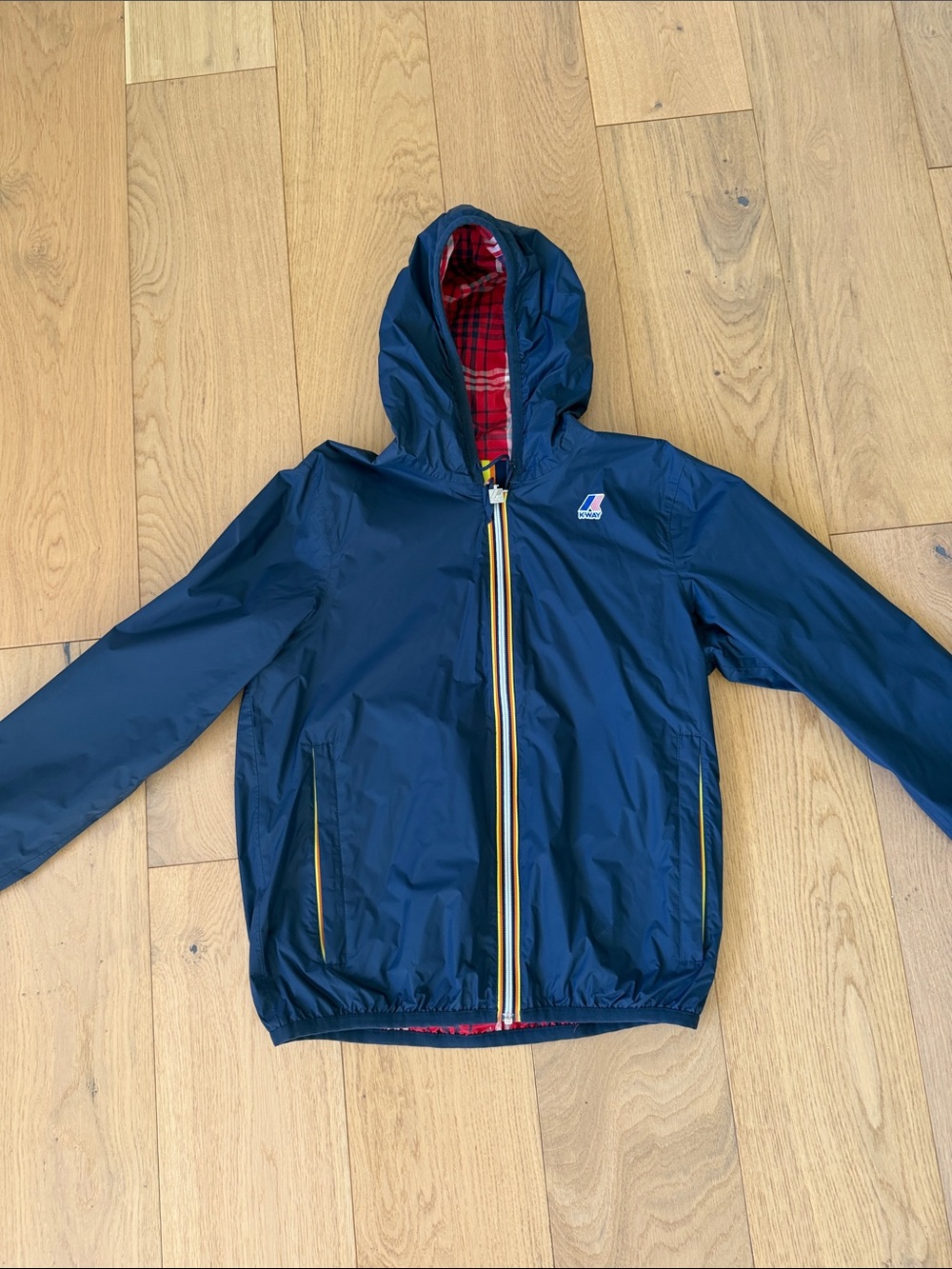 K-Way Reversible Navy Hooded Jacket with Red Plaid Lining and Yellow Trim